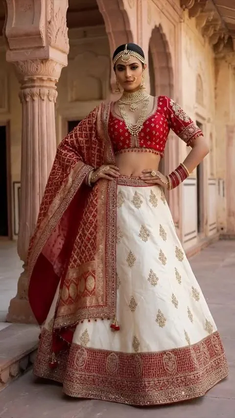 Bride in a red and ivory lehenga in a palace courtyard